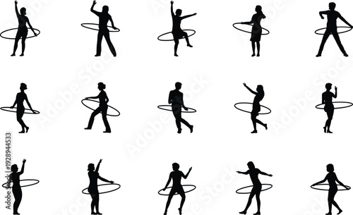 Hula hoop fitness silhouettes collection isolated on white background, men and women exercising with hoop workout vector illustration set