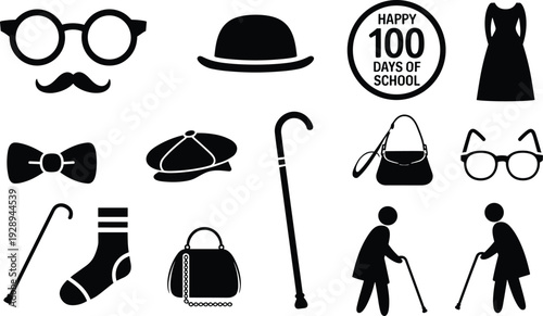 Vintage elderly accessories and retirement silhouettes set with cane, glasses, hat, handbag and Happy 100 Days of School badge isolated vector collection