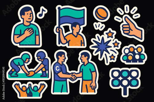 american football fans and players hand drawn color sticker set with team celebration and sportsmanship elements