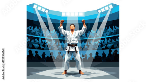 male martial artist with black belt celebrating victory in spotlight arena geometric vector illustration
