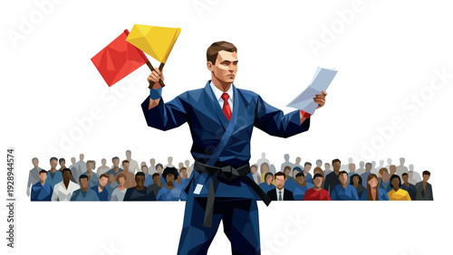 martial arts referee holding red and yellow flags in polygon style with crowd background