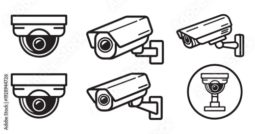 Collection of security cameras icons and illustrations for surveillance systems and monitoring outdoor and indoor safety systems