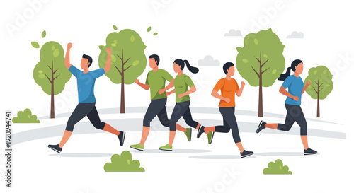 Diverse group of people running together in a park during daytime