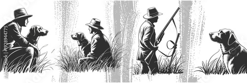 Vintage hunting illustration with hunter and dog in forest grass field carrying shotgun retro engraved style black and white vector artwork collection