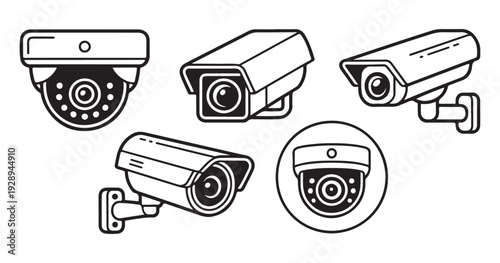 Various security cameras icons and illustrations for surveillance systems and monitoring outdoor and indoor safety systems