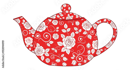 Elegant Red Teapot Adorned with White Rose Floral Pattern Vector Illustration