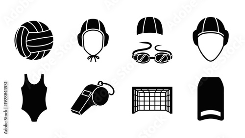 water polo equipment set with ball caps goggles swimsuit whistle and goal in silhouette style