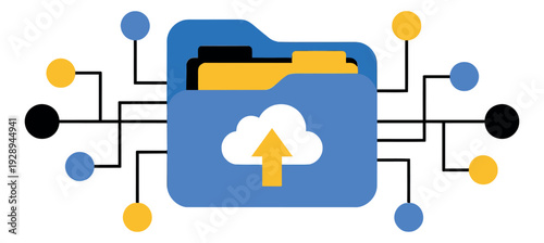 Flat design illustration of a cloud upload folder depicting connection to a data network for computing services