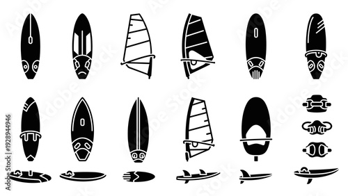 set of black silhouette windsurfing boards sails and equipment icons in vector style for water sports design