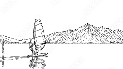 hand drawn windsurfing man riding board on lake with mountain landscape outline illustration