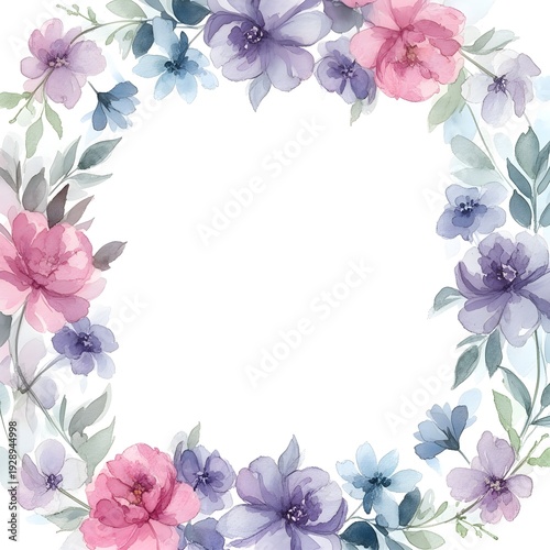 Watercolor Floral Frame Border on Textured Paper