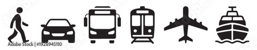 Set of black silhouette transportation icons including pedestrian, car, bus, train, airplane, and ship