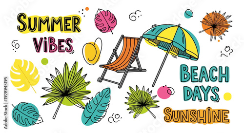 Summer Beach Elements Illustration with Umbrella, Deck Chair, Tropical Leaves and Bright Seasonal Objects for Vacation Poster, Travel Design and Social Media Graphics