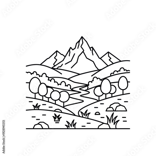 Minimalist mountain landscape with river, trees, and hills line art