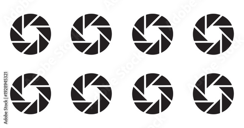 Lens aperture diaphragm icons with geometric triangular blades creating circular opening for digital cameras