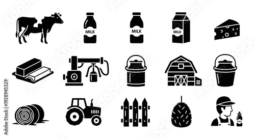 Farm Agriculture Icon Set with Milk Bottle, Barn, Tractor and Organic Farming Symbols for Dairy Branding, Rural Business and Agro Industry Design