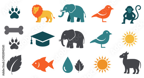 Set of colorful animal nature and education symbols on a white background