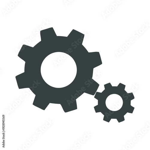 A minimalist vector graphic of two interlocking gears on a white background