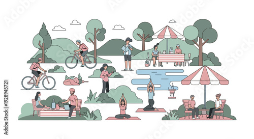 People enjoying outdoor activities cycling yoga relaxation in a park setting