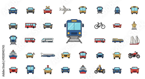 Transportation icons cars trains buses ships and airplanes for design elements