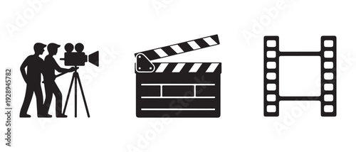 Filmmaking production crew shooting film with camera clapperboard and filmstrip vector illustration