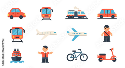 Transportation vehicles and people icons car train airplane and more