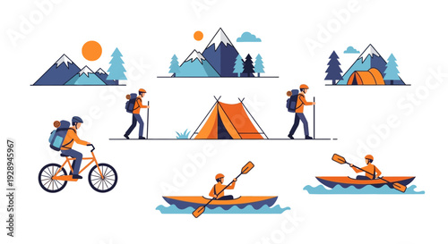 Outdoor adventure set with mountain scenes and active people engaging in various activities