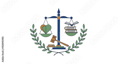 Justice scales with heart, books, and gavel illustration