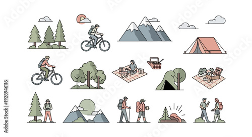 Outdoor adventure set with trees mountains people and camping illustrations