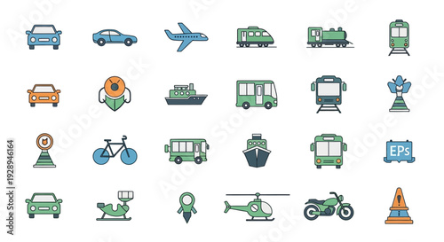Transportation icons cars planes trains ships buses and helicopters in vector set