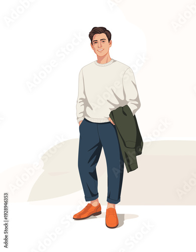 Stylish young man casual outfit holding jacket modern fashion illustration full length male character trendy urban clothing isolated on neutral background