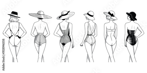 Stylish women in vintage swimsuits and wide brim hats back view fashion illustration set elegant black and white vector collection