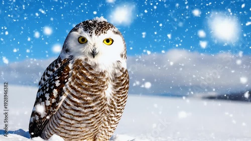 Majestic snowy owl in falling snow with bright yellow eyes