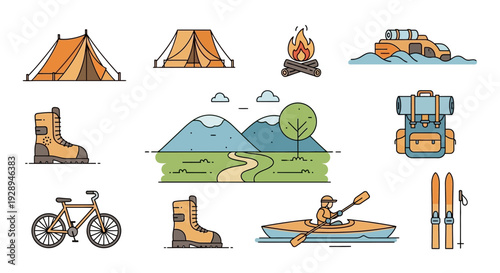 Camping and outdoor adventure icon set tent campfire kayak skiing and backpack