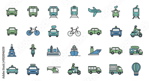 Transportation icons set vehicles representing travel movement and logistics