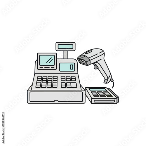 Cash register, barcode scanner, and card reader illustration