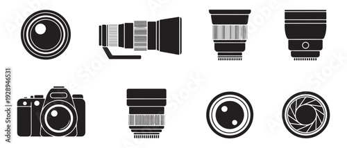 Camera lenses and camera body icons set photography equipment essential tools for professional and amateur photographers