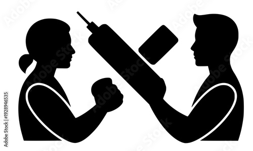 Black Silhouette of Doctor and Patient Facing Each Other with Syringe, Medical Vaccination and Healthcare Concept Icon Illustration Isolated on White Background