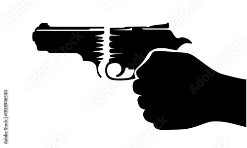 Black Silhouette of a Hand Holding a Revolver Pistol, Crime and Security Danger Concept Illustration Isolated on White Background