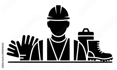 National Safety Day Black Silhouette of Worker with Hard Hat, Safety Gloves and Boots, Industrial Workplace Protection Awareness Concept Illustration on White Background