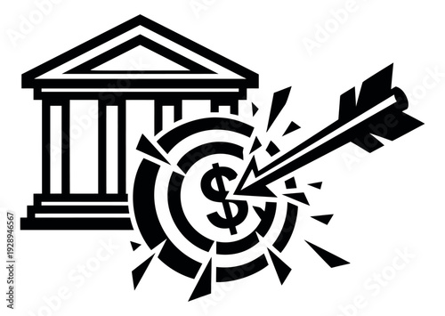 Graphic illustration of a dollar target and a financial building depicting an arrow hitting the mark for finance and business achievement