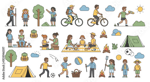 Diverse group engaging in outdoor activities camping biking and recreation