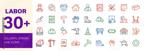 Collection of labor-themed icons representing various industries and professions in a colorful line style