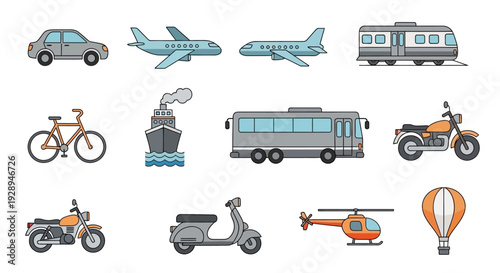 Transportation collection car plane train bicycle ship bus motorcycle scooter and air balloon