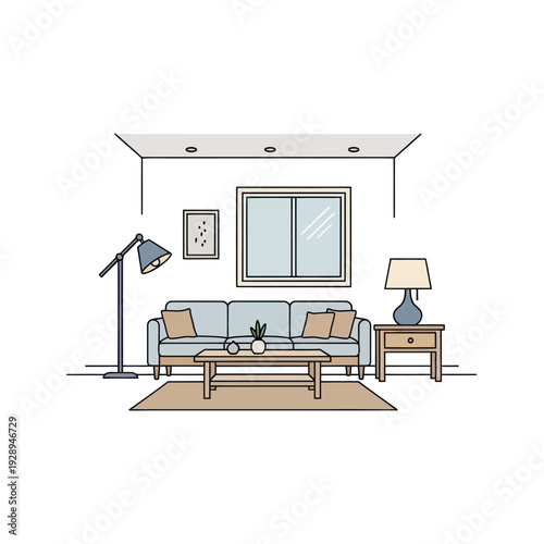 Minimalist modern living room interior with sofa and lamps