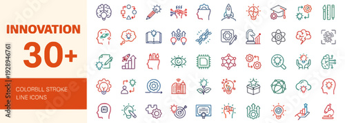 Collection of diverse icons representing innovation and technology concepts displayed on a clean background