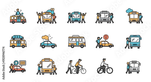 Transportation icons variety of vehicles and people in flat style illustrations