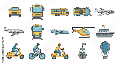Transportation icons variety of vehicles depicted in flat vector illustration style