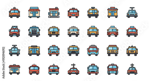 Collection of pixelated vehicle and building icons for transportation concepts
