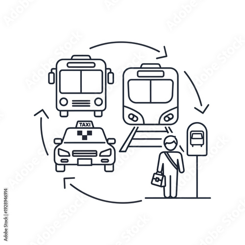 Urban commuter choosing public transportation modes line art